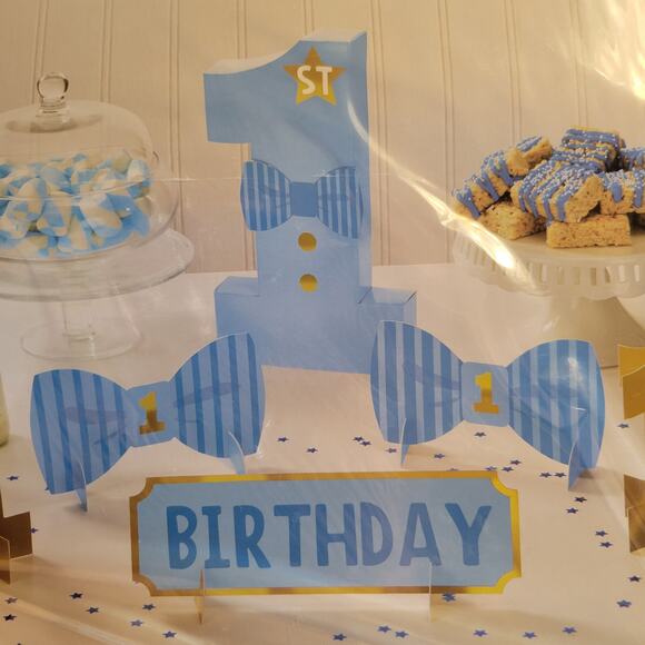Blue 1st Birthday Party Kit - Backdrop, Table Decorations, 100 Balloons Set - Picture 3 of 16